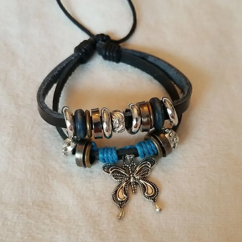 Leather bracelet adjustable butterfly